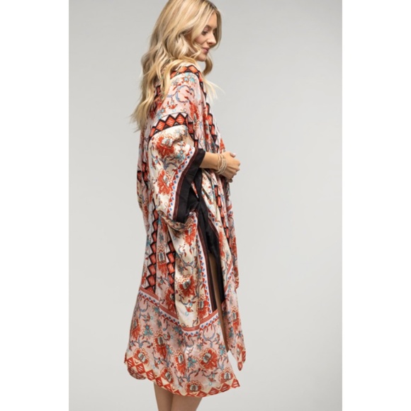 Peach Diamond Printed Cream Floral Kimono Wrap Coverup Top Women's Summer - Picture 4 of 4